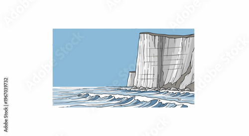 Illustration of waves crashing against white cliffs under a blue sky