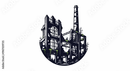 Dilapidated industrial building with overgrown vegetation and tall chimney
