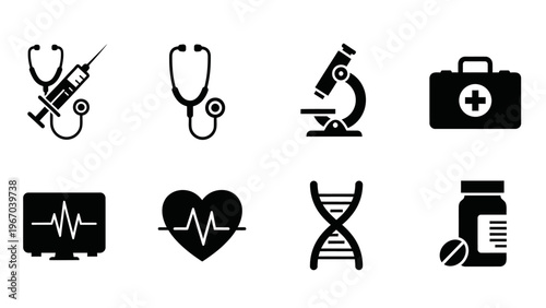 Set of black and white medical and healthcare icons including stethoscopes and medical equipment