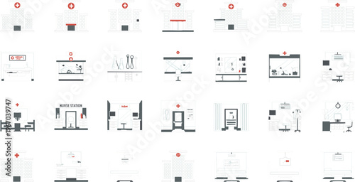 Hospital and Healthcare Facility Icon Set Featuring Medical Buildings, Departments, Patient Rooms, Equipment and Clinical Services Vector Illustration Collection