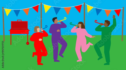 Four diverse people in colorful jumpsuits blowing party horns at an outdoor celebration with a BBQ grill and festive bunting.
