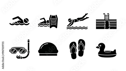 Set of black and white vector icons representing swimming, diving, snorkeling, and recreational