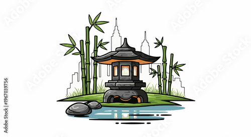 Stone lantern, bamboo, and water feature in front of city skyline
