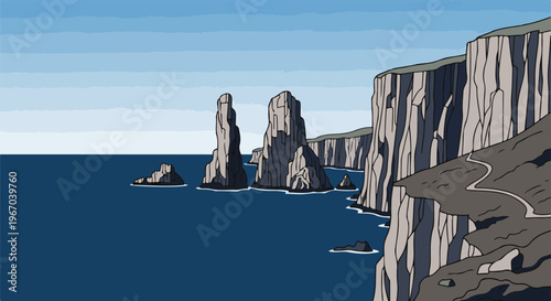 Jagged coastal cliffs meet a calm blue sea with sea stacks