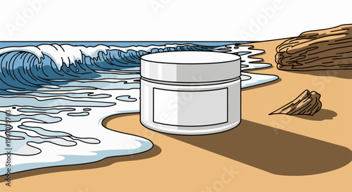 Jar on sandy beach with breaking waves and driftwood