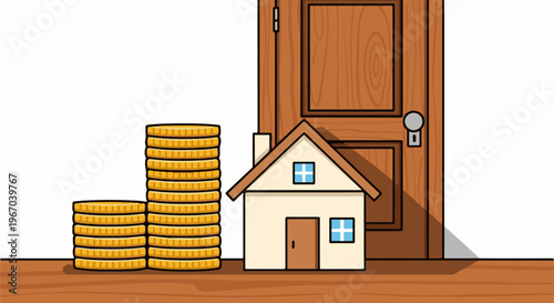 Stacks of gold coins beside a house and an open door