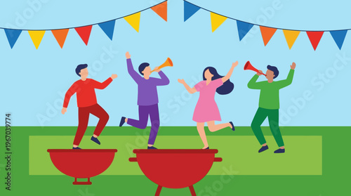 Four joyful people celebrating outdoors with dancing, music, and barbecue grills under colorful party bunting.