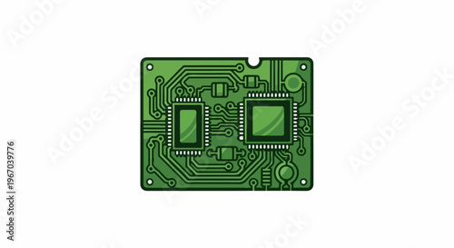 Stylized green circuit board with two integrated circuits, resistors, and capacitors