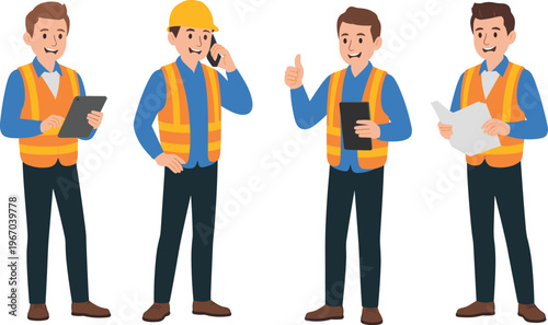 Construction and engineering professionals in safety vests and hard hats, teamwork, communication, inspection, documentation, workplace collaboration, industry roles