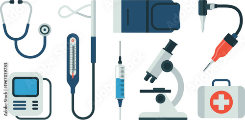 Flat medical equipment icons including stethoscope, microscope, syringe, thermometer, first aid kit and diagnostic healthcare tools illustration