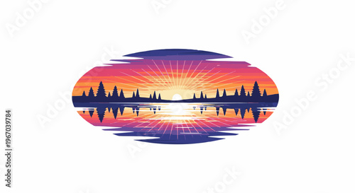 Pixelated sunset with silhouetted trees reflected in water