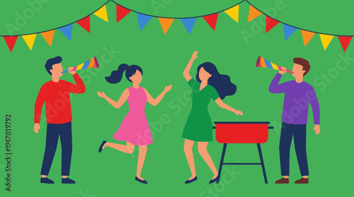 Four happy people celebrating outdoors with party horns and dancing under colorful bunting, next to a barbecue grill.