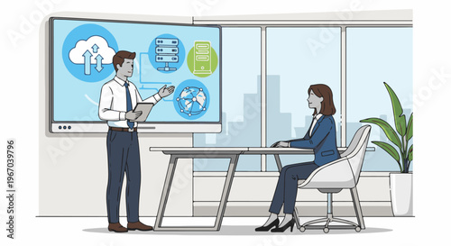 Man presents cloud and server concepts on screen to woman