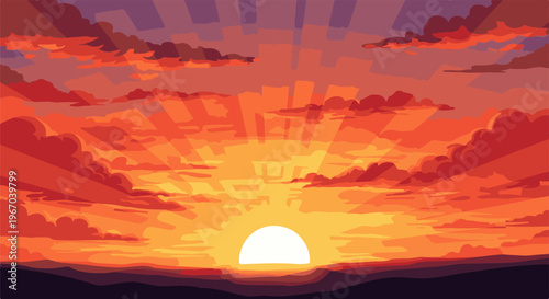 Pixelated sunrise with dramatic orange and purple clouds over dark hills