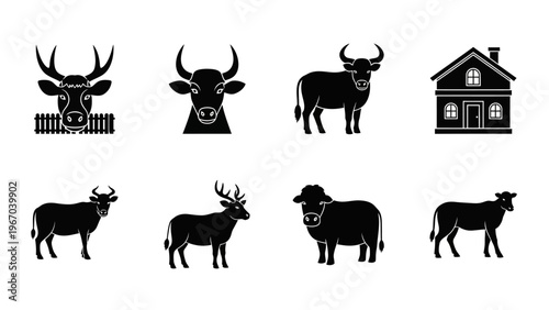 Set of eight black silhouette icons representing various farm animal and household building imagery