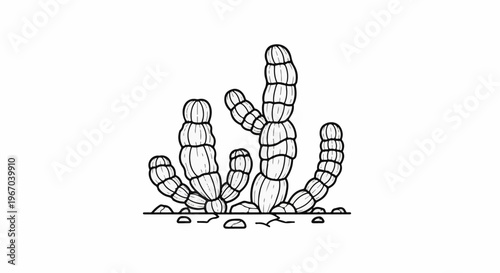 Stylized line art depicts a cluster of segmented, succulent-like plants