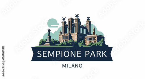Stylized illustration of grand buildings and statues in a park setting