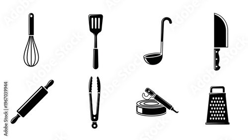 Set of Eleven Kitchen Utensils and Cooking Tools Silhouettes Collection
