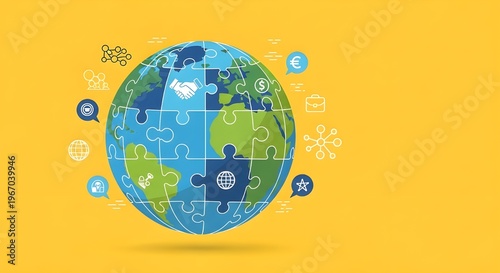 Global business puzzle globe on yellow background, international cooperation and logistics concept, earth jigsaw with financial icons