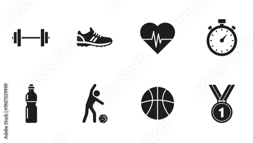 Set of Fitness and Sports Icons Including Dumbbell Stopwatch Heart Rate Bottle and Mens Medal