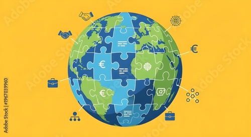 Global business puzzle globe on yellow background, world map jigsaw concept for international trade, corporate partnership and economic unity
