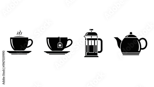 Set of four black and white coffee and tea related icons representing different beverages and