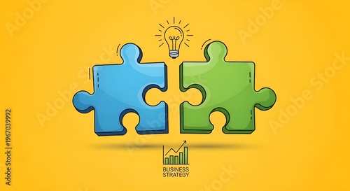 Business strategy puzzle concept with lightbulb idea icon, blue and green jigsaw pieces on yellow background, corporate problem solving and teamwork
