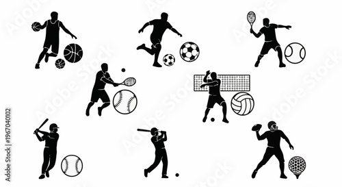Collection of diverse sports silhouettes in black and white