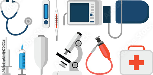 Flat medical equipment icons set with stethoscope, microscope, syringe, thermometer, blood pressure monitor and healthcare tools illustration isolated