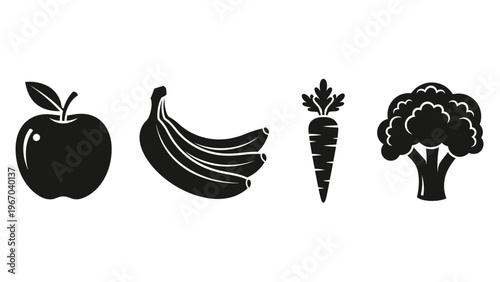 Set of Four Black and White Silhouettes of Fruits and Vegetables Including Apple Banana Carrot and