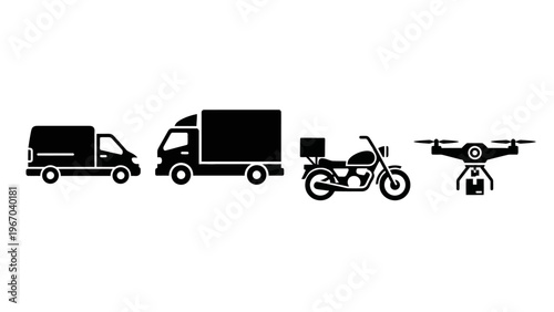 Set of four black silhouette icons depicting different modes of transportation including van truck