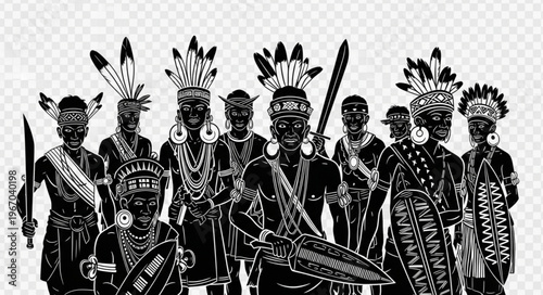 Group Of Indigenous Warriors In Traditional Attire.