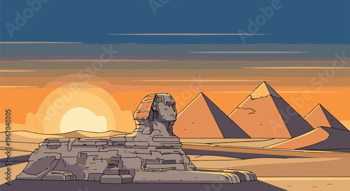 Pixel art Egyptian pyramids and sphinx with a desert sunset