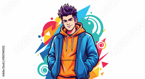 Stylish young man with purple spiky hair, orange hoodie, blue jacket, vibrant abstract shapes