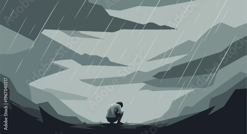 Solitary figure huddled amidst a dramatic, stormy landscape under pouring rain