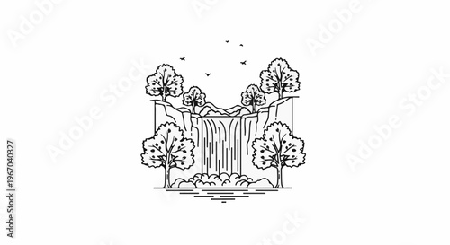 Stylized black and white illustration of a waterfall cascading into a pool with trees and birds