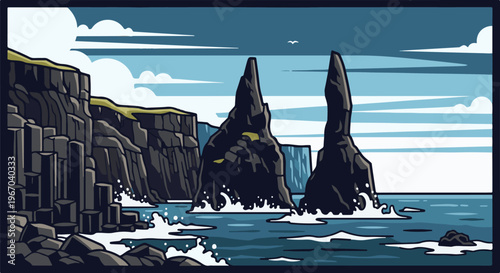 Pixel art coastal scene with jagged rocks and crashing waves