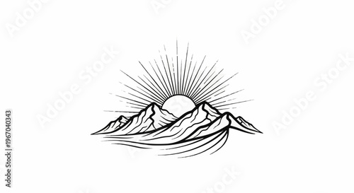 Stylized sunburst over a mountain range at dawn or dusk