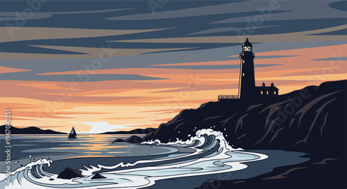 Pixelated coastal scene with lighthouse, sailboat, and waves at sunset