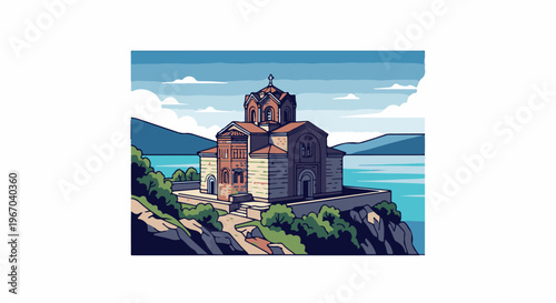 Pixel art of a historical church on a cliff overlooking a turquoise lake