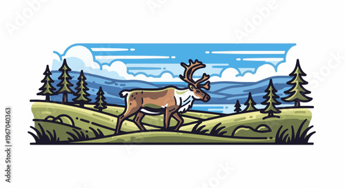 Stylized woodland scene with a reindeer, pine trees, and rolling hills under a cloudy sky