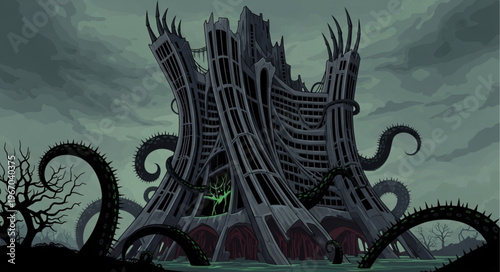 Spooky Dark Tower with Tentacles in Gloomy Atmosphere.