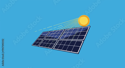 Sunlight beams onto a solar panel array against a clear blue sky