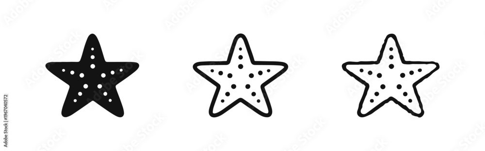 Obraz premium Starfish icons set in solid, outline, and hand-drawn doodle styles for marine life and beach-themed designs.
