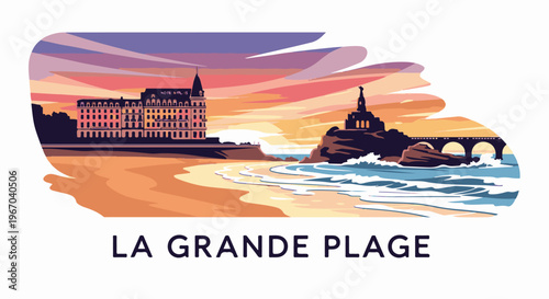 Pixelated seaside resort scene with a grand hotel and distant bridge at sunset