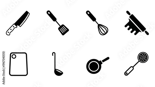 Set of seven minimalist kitchen utensils including knives spatula whisk frying pan spoon and