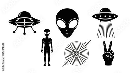 Silhouette Alien and UFO Elements in Black and White Color Scheme for Sci-Fi Themes
