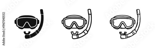 Scuba mask and snorkel icons set in solid, outline, and hand-drawn doodle styles for aquatic adventures.
