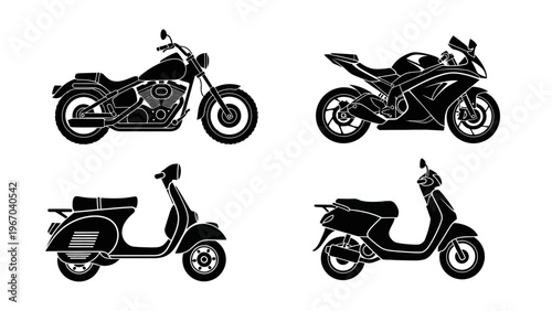 Silhouette Collection of Different Motorcycles and Scooters Showing Various Styles and Designs in