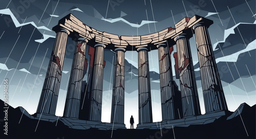 Ancient stone ruins with a lone figure standing before them.